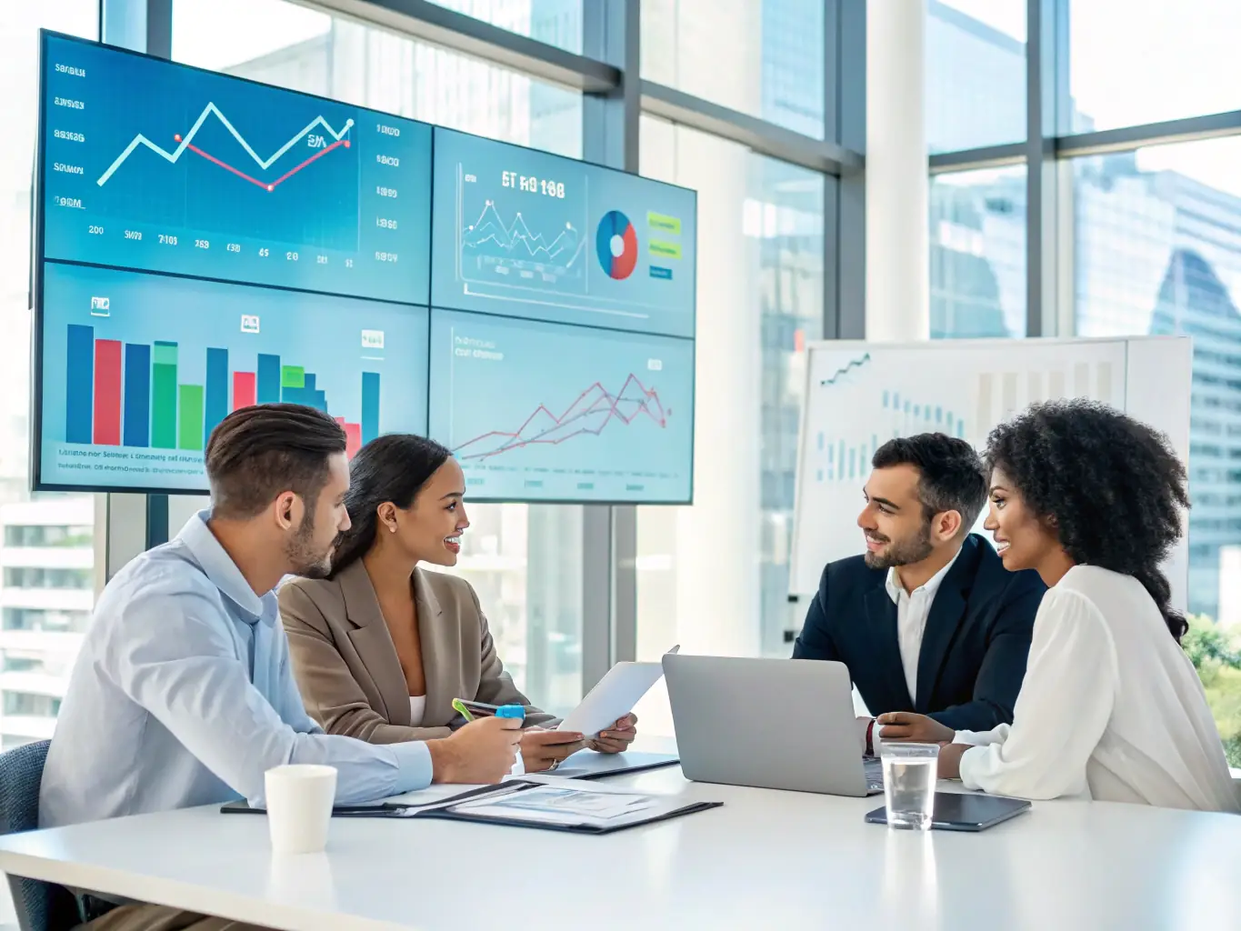 A diverse group of South African professionals collaborating on financial strategies in a modern office environment, symbolizing tailored financial solutions.