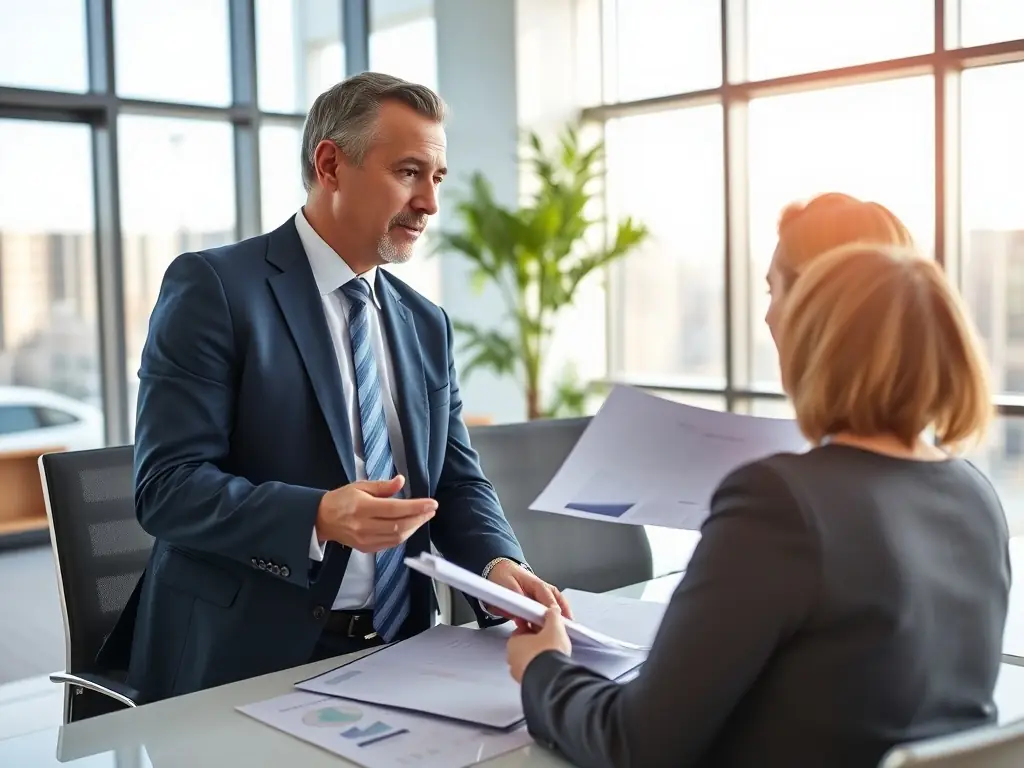 A professional South African financial consultant is meeting with a client in a modern office, discussing investment options and strategies, with Johannesburg skyline visible in the background.